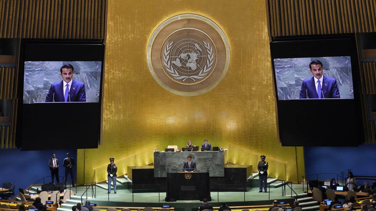 Qatar Amir Sheikh Tamim bin Hamad Al Thani addresses the 79th session of the United Nations General Assembly, Tuesday, Sept. 24, 2024. 