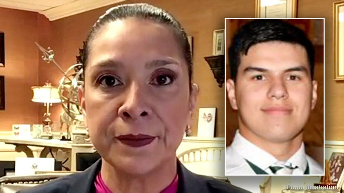 Judge Esther Salas alongside a photo of her late son