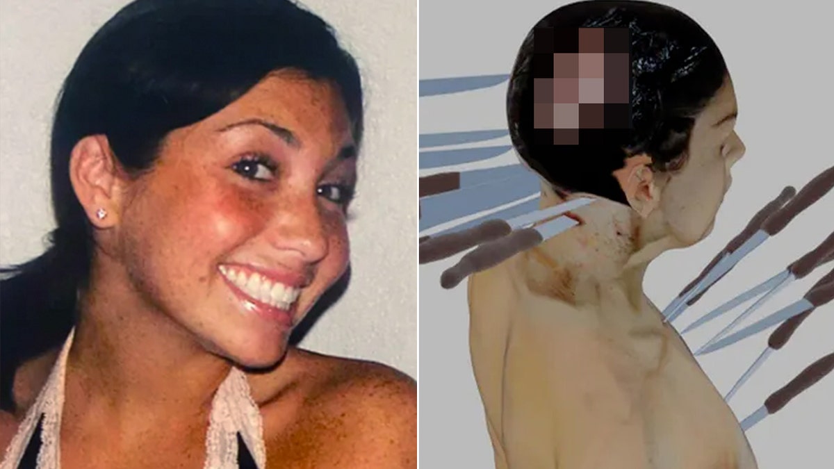 Split image showing Ellen Greenberg smiling and a computer-generated photo based on an autopsy report showing knives where she had been stabbed 20 times