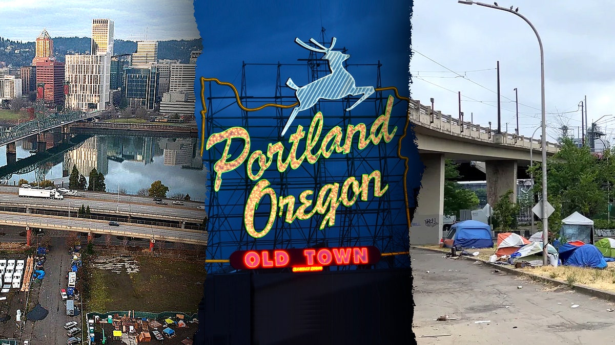 Portland skyline, Portland sign, Portland homeless camp (left to right)