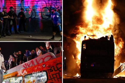 Dodgers celebrations erupt into chaos as ‘hostile’ crowd hurls projectiles at officers, sets city bus ablaze