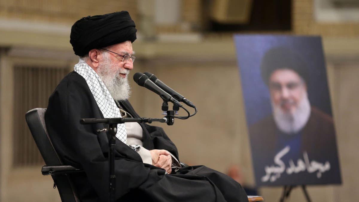 Iran's Supreme Leader Ayatollah Ali Khamenei delivers a speech during a program held following the killing of Hezbollah leader Hassan Nasrallah in an Israeli attack and subsequent Iranian strikes at the Imam Khomeini Hussainiyah in Tehran, Iran, on Oct. 2, 2024.