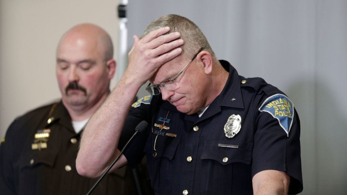 Supt. Doug Carter of the Indiana State Police reacts as he speaks during a press conference on an update on the Delphi murders investigation, Monday, April 22, 2019 at the Canal Center in Delphi.