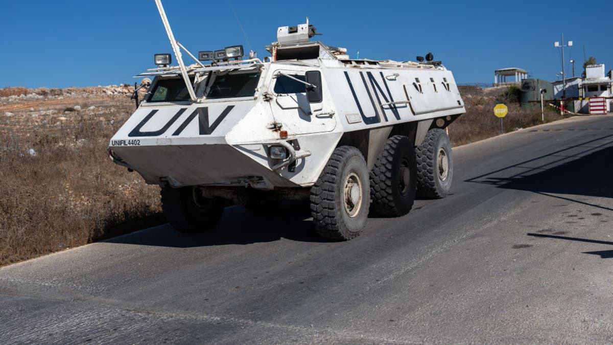 MARJAYOUN, LEBANON - OCTOBER 5: A UNIFIL (United Nations Interim Force In Lebanon) armoured personnel carrier departs a base to patrol near the Lebanon-
Israel border on October 5, 2024 in Marjayoun, Lebanon. Israel continued airstrikes on Beirut and its southern suburbs as its military announced a ground offensive in Lebanon, part of what it said would be a "limited" incursion to target Hezbollah forces. Photo: Carl Court/Getty Images