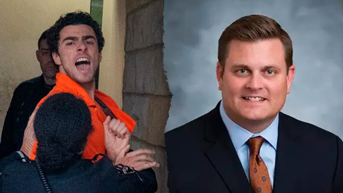 A split image of Luigi Mangione yelling outside court and Brian Thompson's headshot.