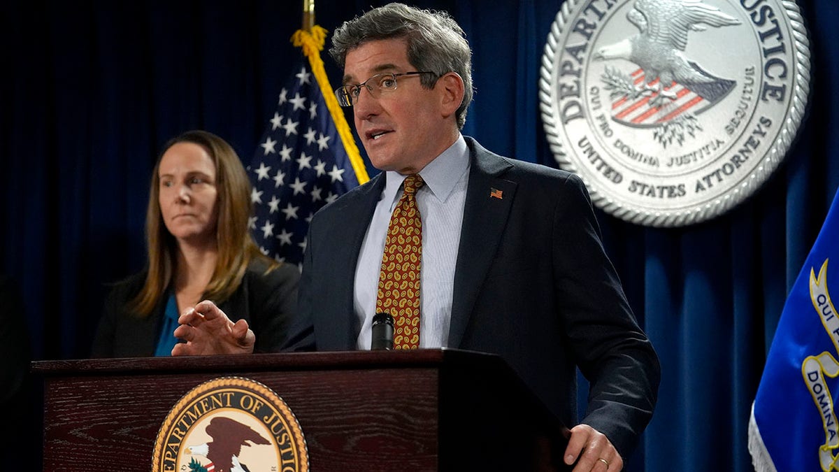 U.S. Attorney District of Massachusetts Joshua Levy, right, faces reporters as Special Agent in Charge FBI, Boston Division Jodi Cohen