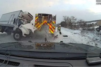 Wild dashcam video shows out-of-control truck slam into first responder vehicles on side of icy highway