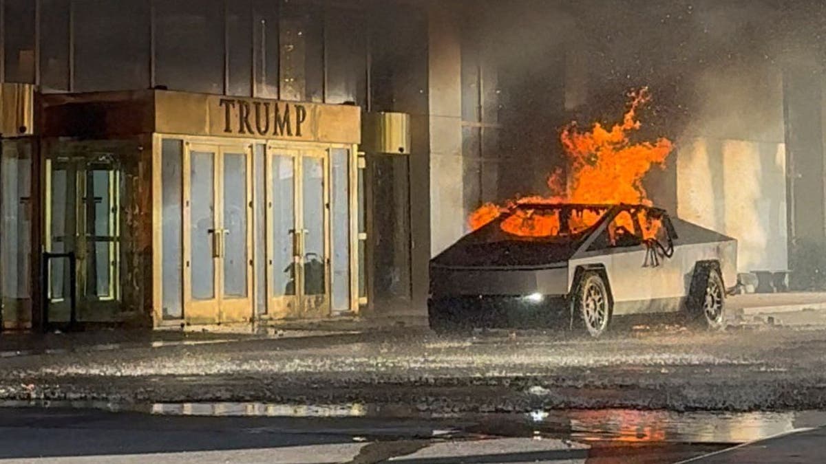 Tesla Cybertruck on fire outside Trump hotel