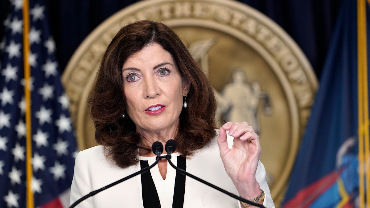 New York Gov. Kathy Hochul speaks during a briefing on September 13, 2023 in New York City. (Photo by John Lamparski/Getty Images)