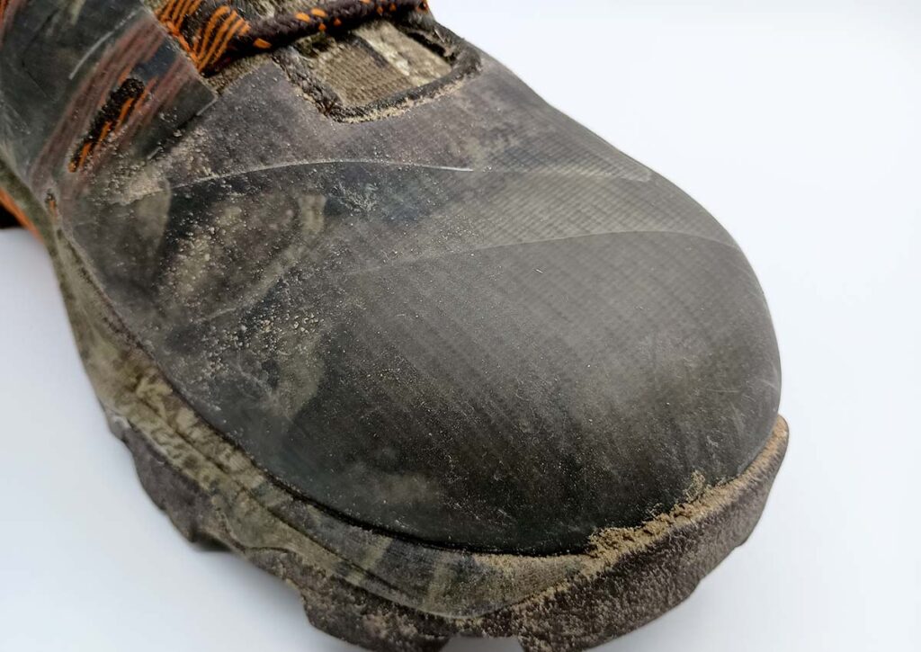 Muckskin, seen on the toe and side of the Alpha Pursuit, is the boot’s secret weapon, adding a layer of protection to the Neoprene.