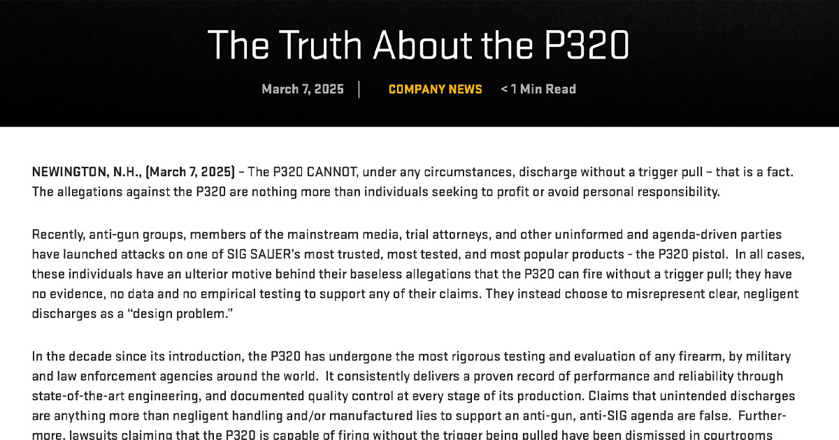 SIG Sauer Defends P320 Amid Controversy Over Alleged Unintended Discharges