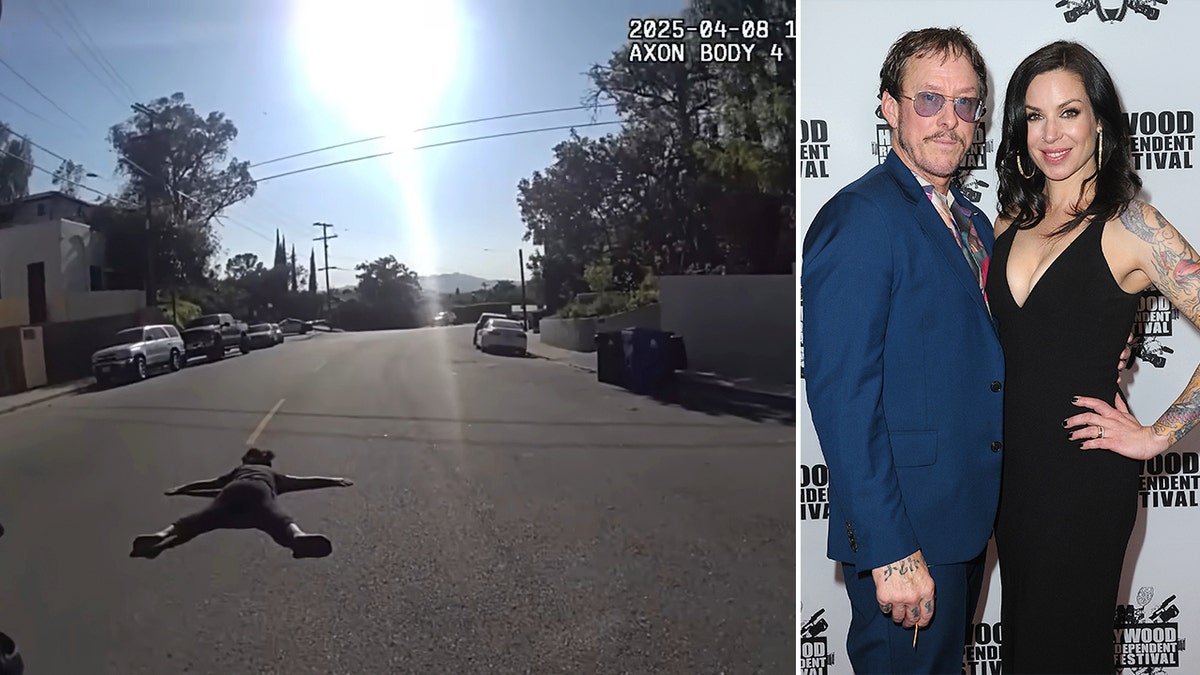 Bodycam footage of Jillian Shriner laying face down in street side by side red carpet photo of Scott Shriner and Jillian Shriner