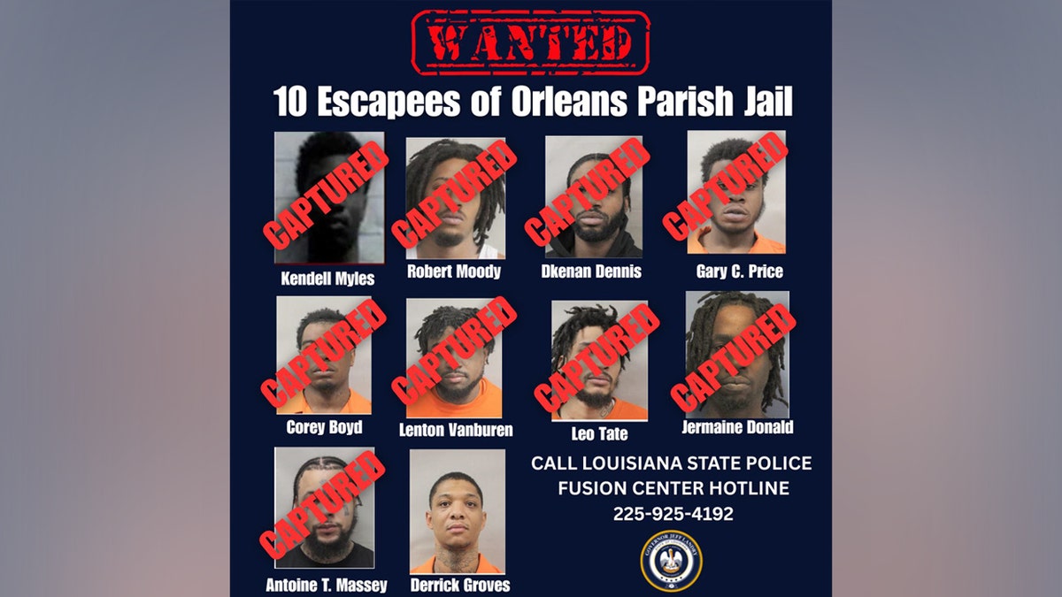 A Wanted poster showing all 10 fugitives, including the nine who have been captured