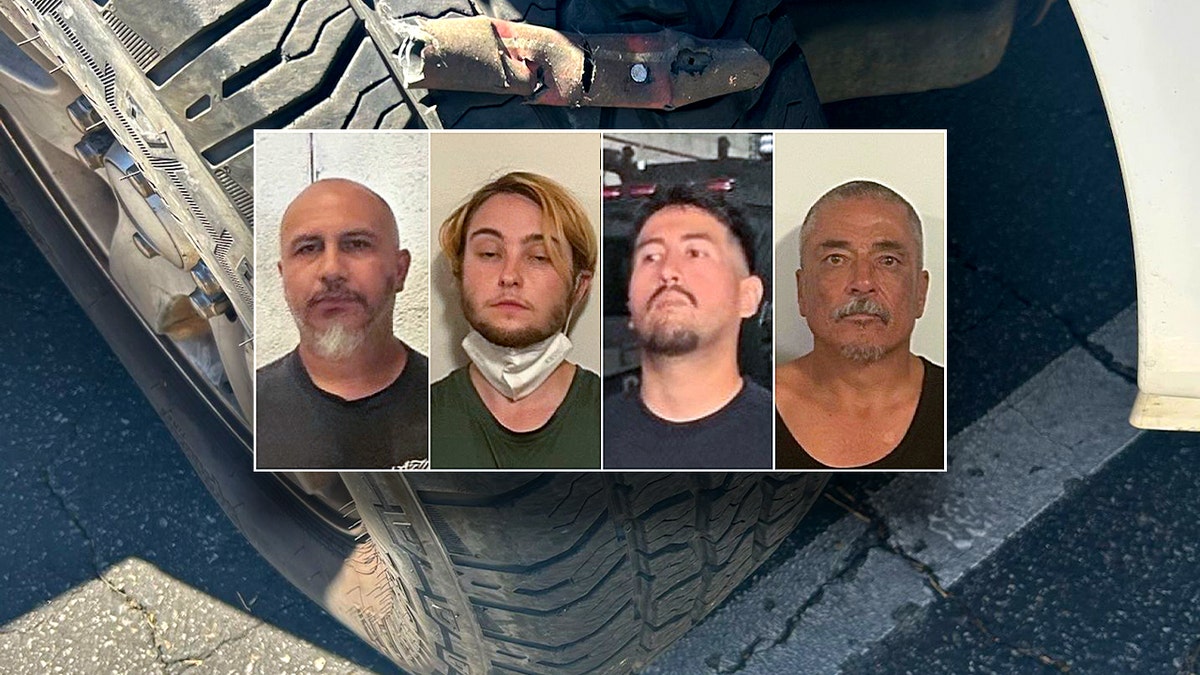mugshot of four men thumbnail on top of tire photo
