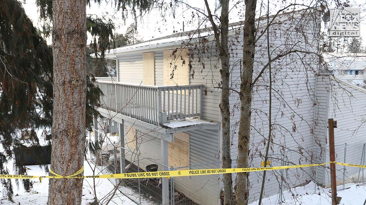 Windows on a two story house are boarded up with pieces of wood.