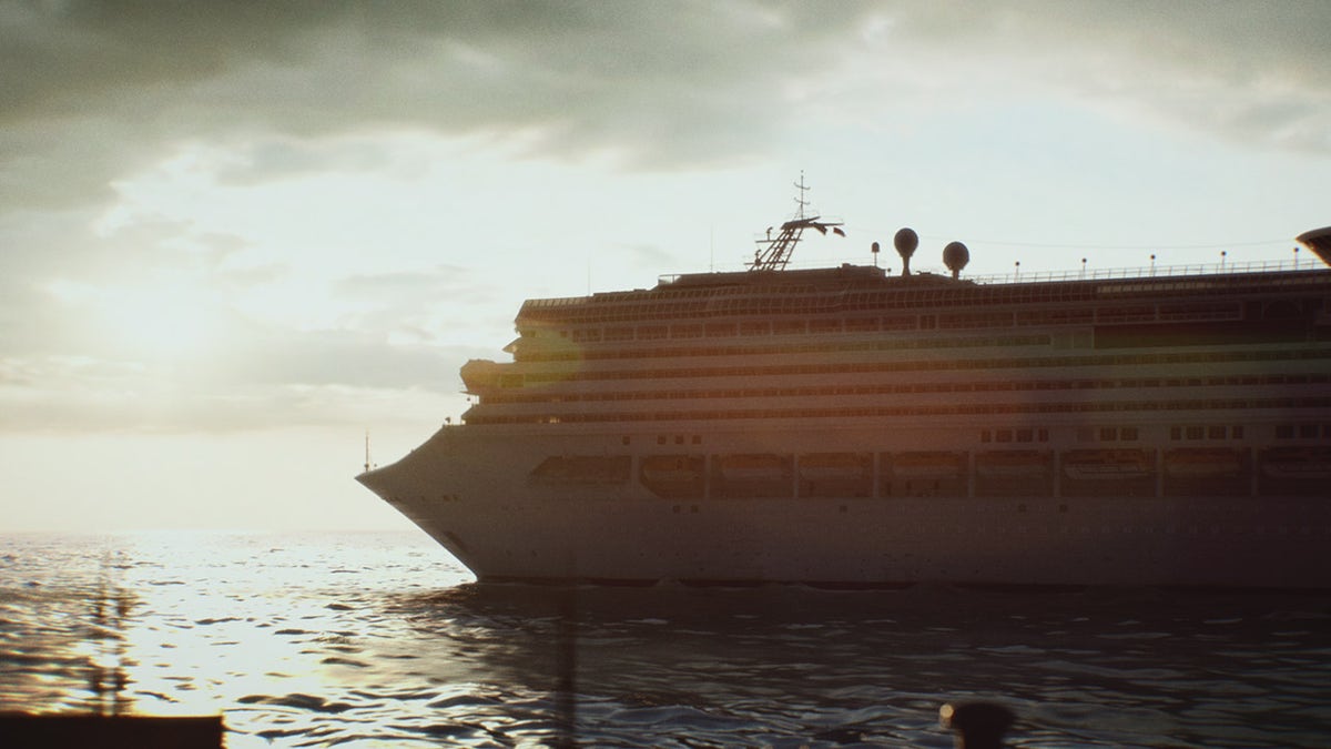 An aerial view of a cruise ship.