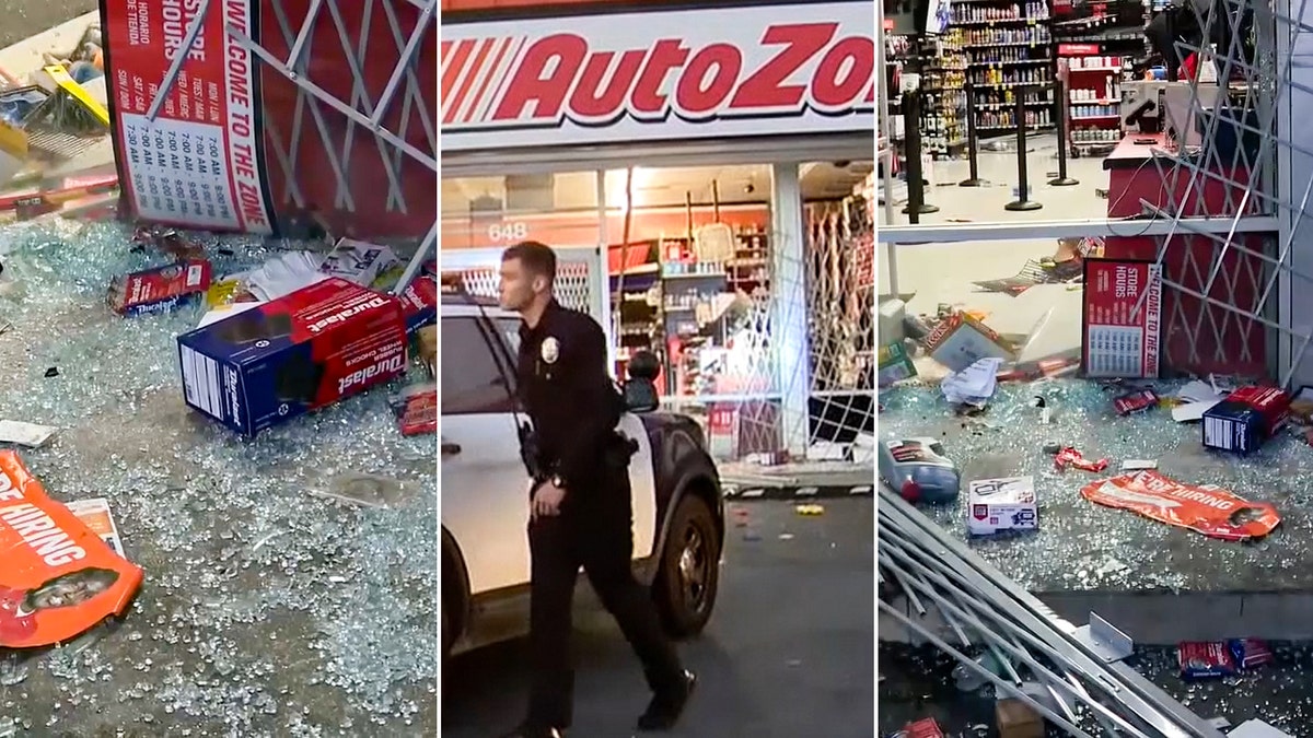 three-split photo of Autozone store damaged with police tending to looting scene