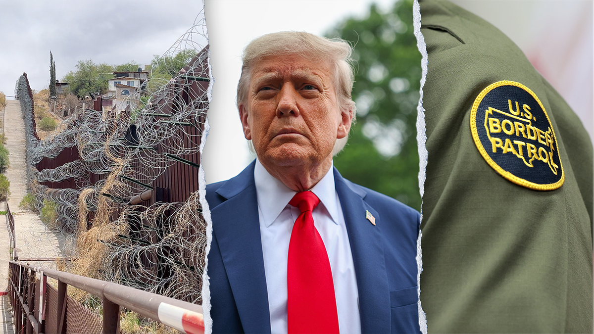 three split thumbnail paper rip collage: border wall (left), Trump (center), Border Patrol patch (right)