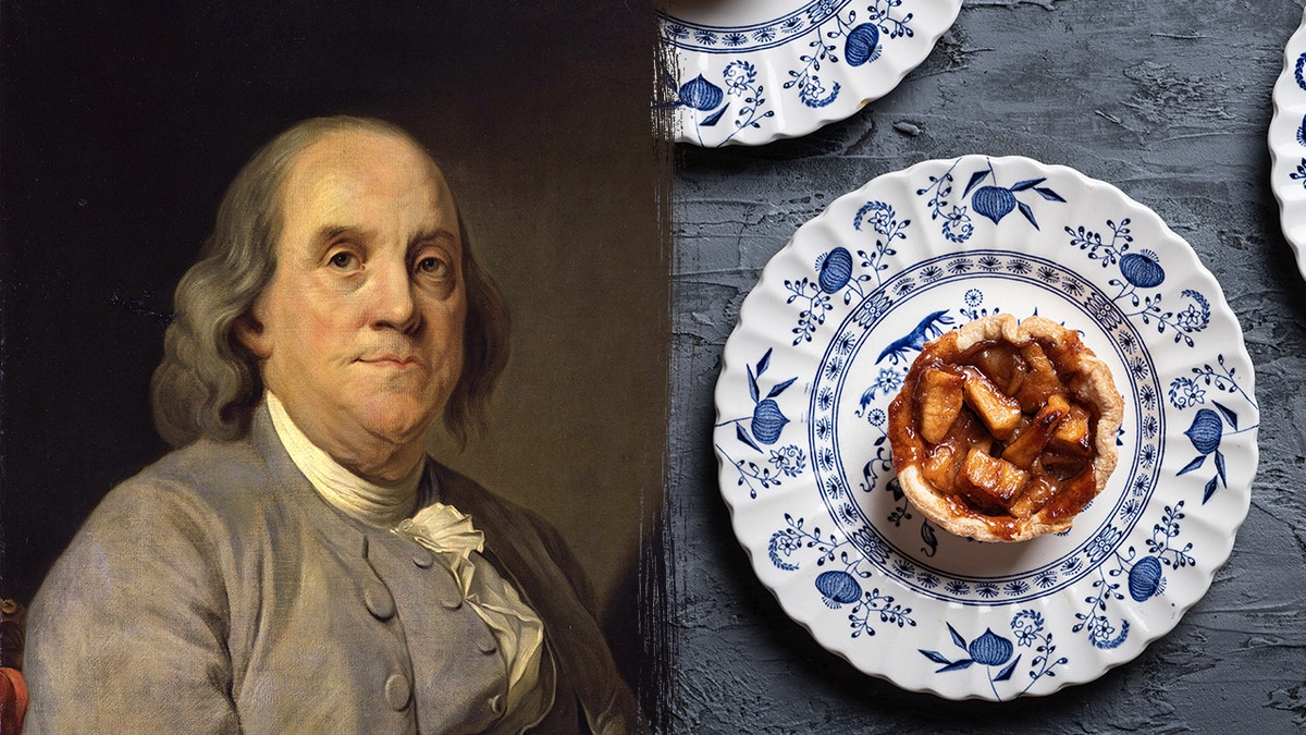 Split image of Ben Franklin and apple tart