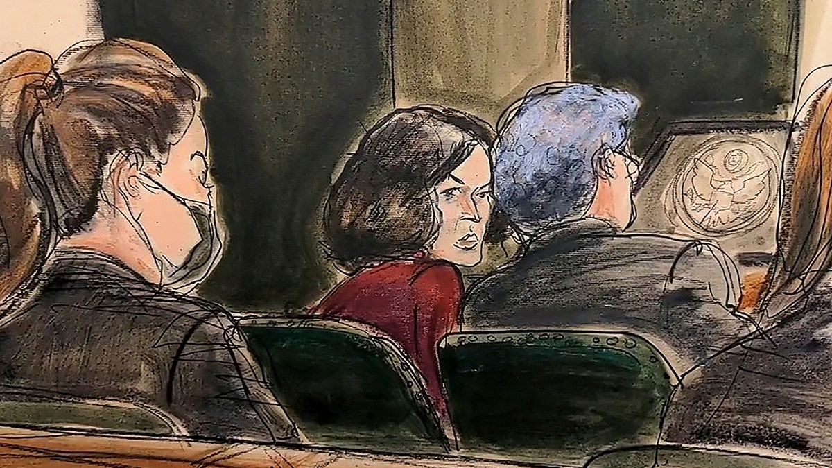 In this courtroom sketch, Ghislaine Maxwell confers with her defense attorney Jeffrey Pagliuca, right, before testimony begins in her sex-abuse trial, in New York, Wednesday, Dec. 8, 2021. 