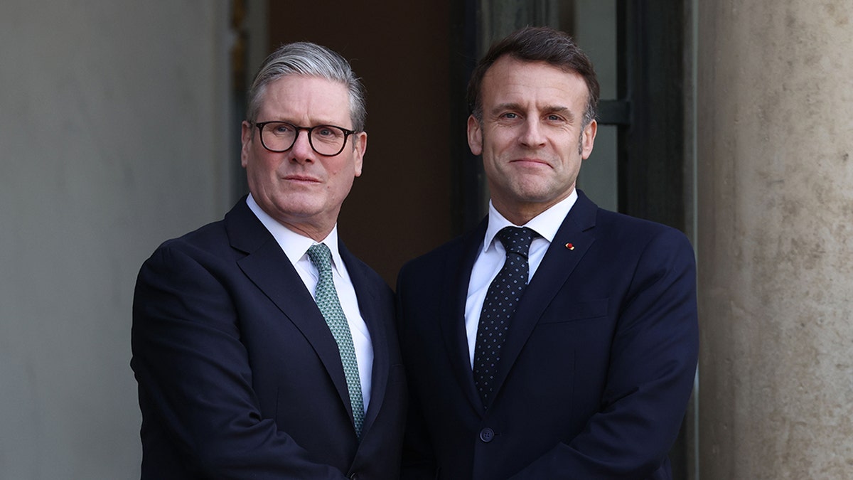 French President Emmanuel Macron welcomes British Prime Minister Keir Starmer (L) during a meeting on the situation in Ukraine and security issues in Europe at the Elysée Palace on Feb. 17, 2025 in Paris, France. 