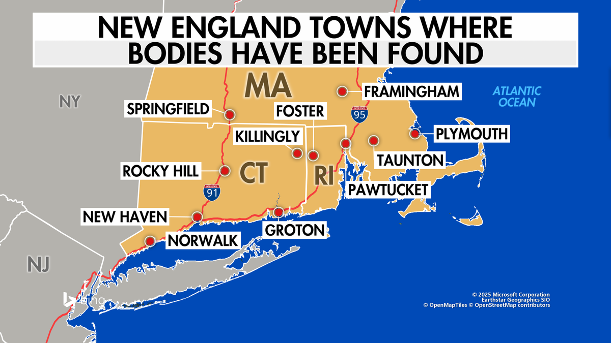 New England serial killer, map of where victim have been found.
