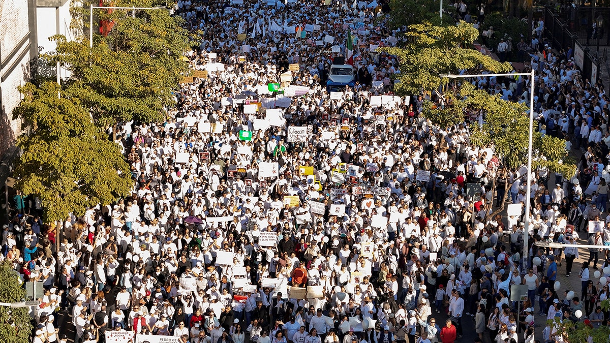 A drone view shows people during a march to press authorities to address escalating regional drug-related violence in Culiacan