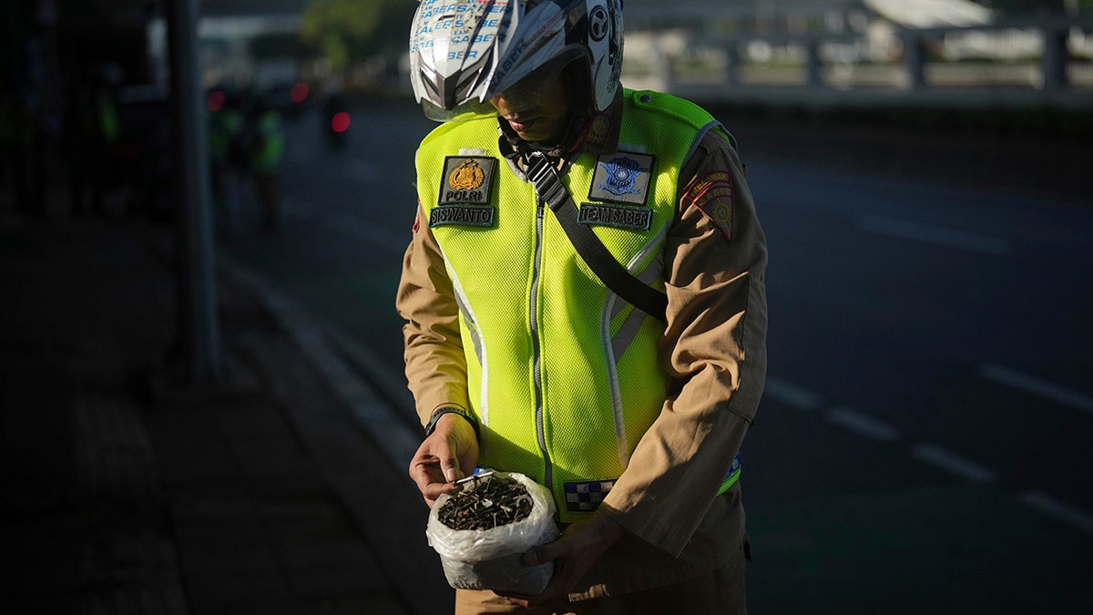 Siswanto, a member of a volunteer group called 'Team Saber', an abbreviation of Indonesian words 'Sapu Bersih' or 'Clean Sweep', shows nails and other sharp metal collected from a street in Jakarta, Indonesia, Saturday, May 17, 2025. (AP Photo/Dita Alangkara)