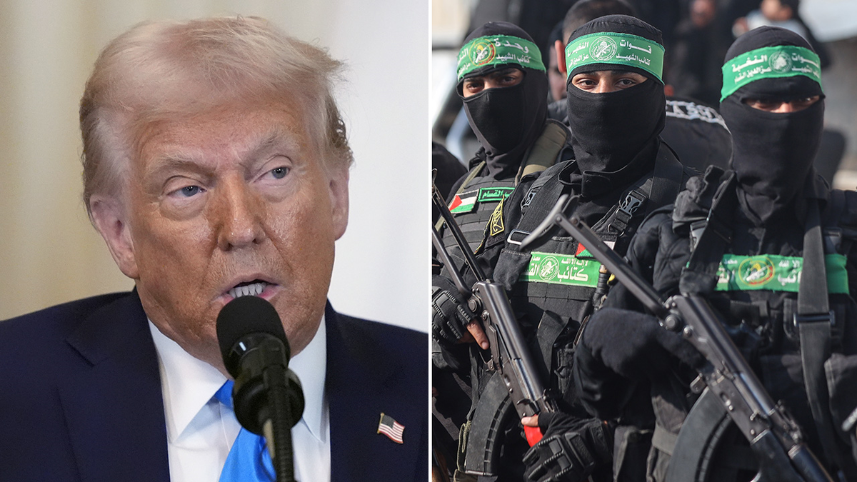 Trump, left; Hamas fighters in black, faces covered, right