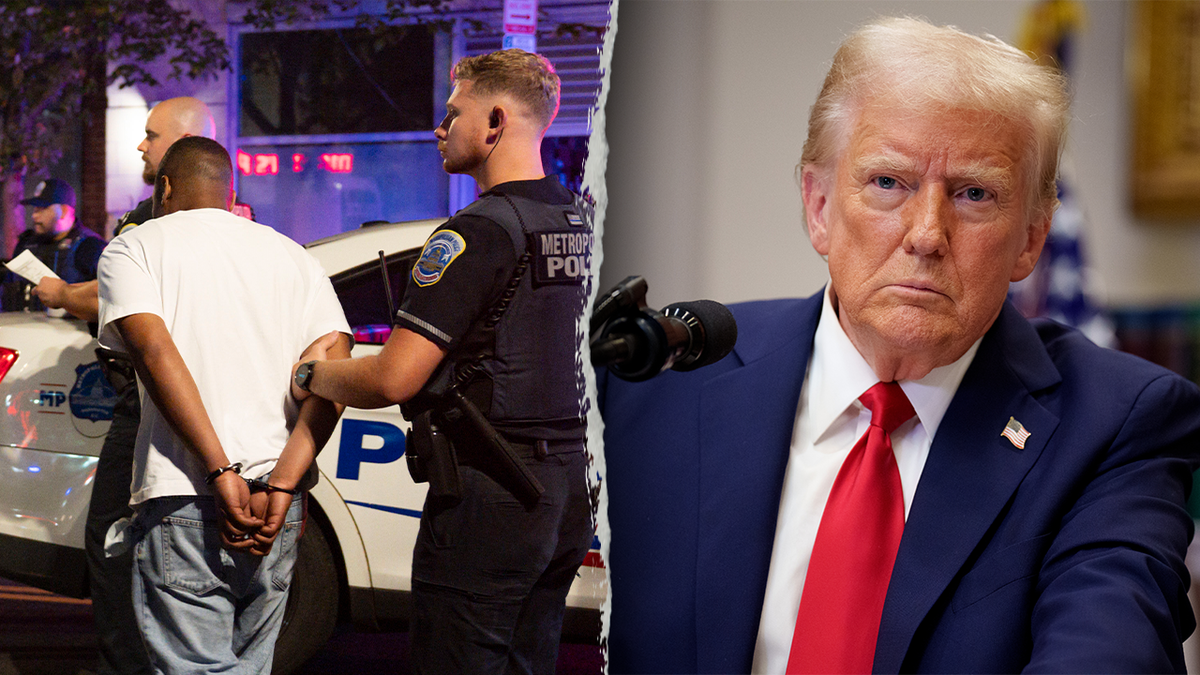 Compilation photo of DC police making an arrest and President Trump
