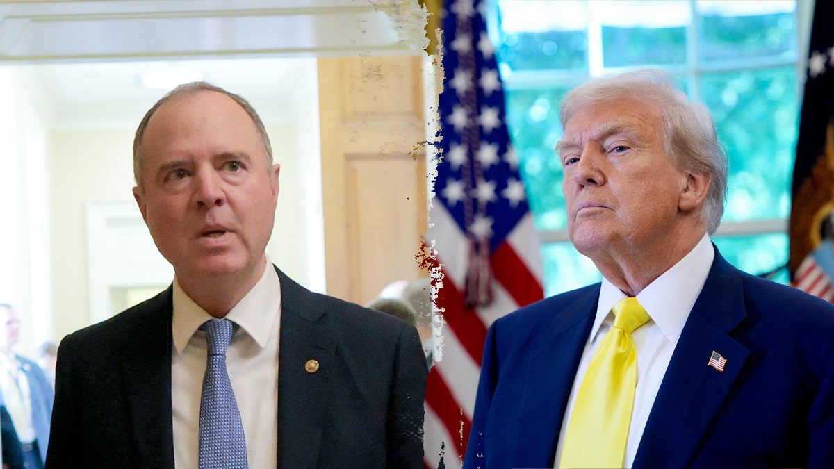 Split image of Adam Schiff and Donald Trump