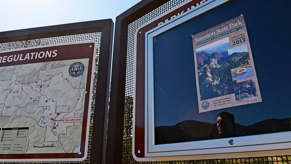 A glass panel showing Staunton State Park in Colorado. 