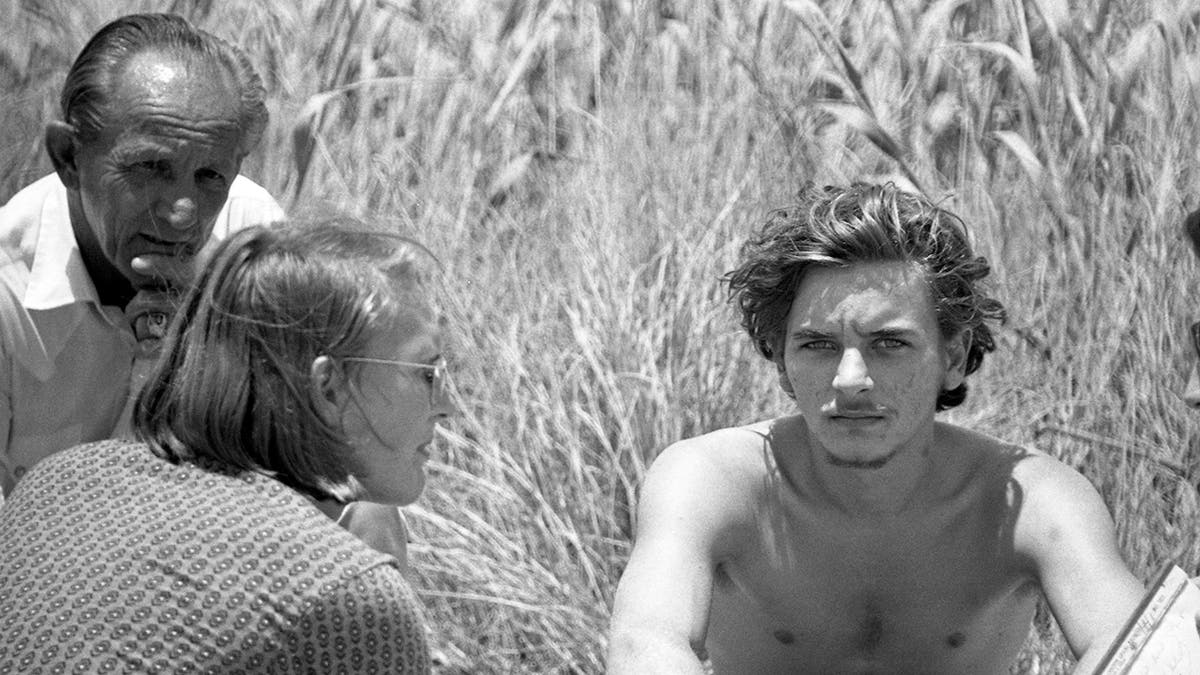 Elmer Wayne Henley looking ahead in a field sitting next to a man and woman looking somber.