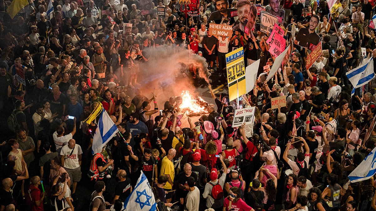 Families of hostages gather in Tel Aviv, Israel, on Aug. 2, 2025.
