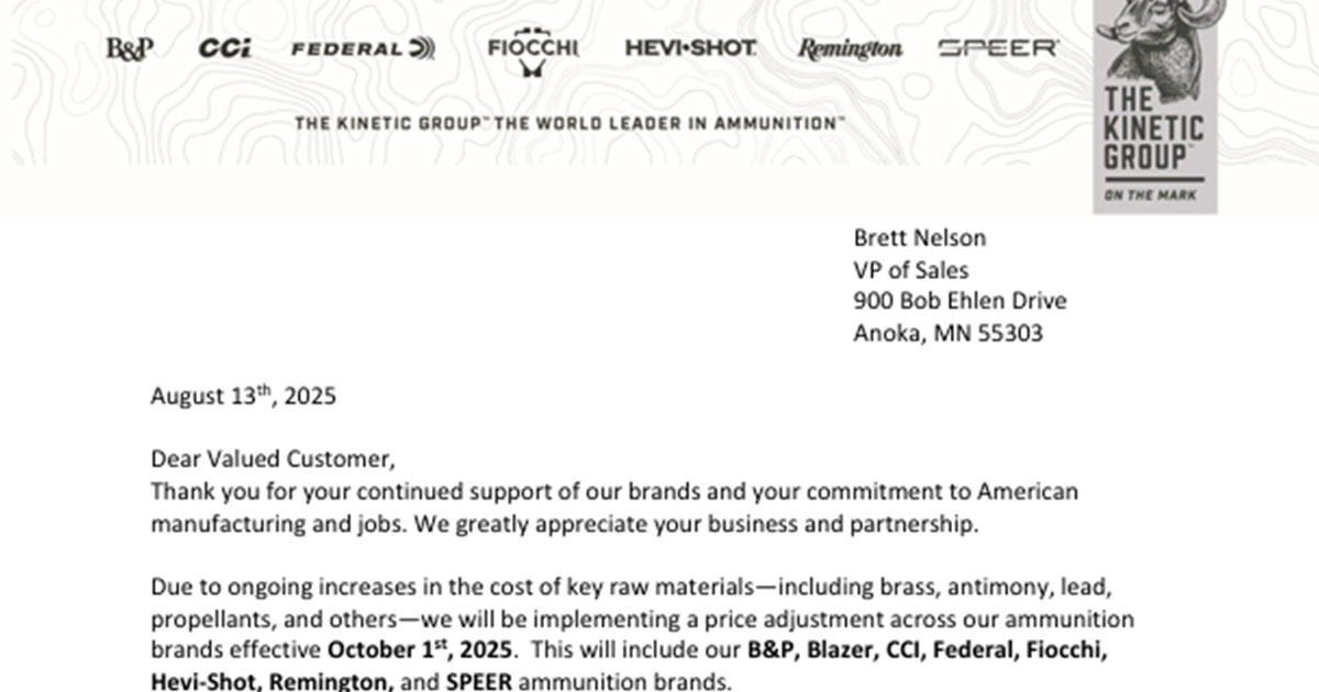 Kinetic Group Announces Ammo Price Hikes Across All Brands Starting October