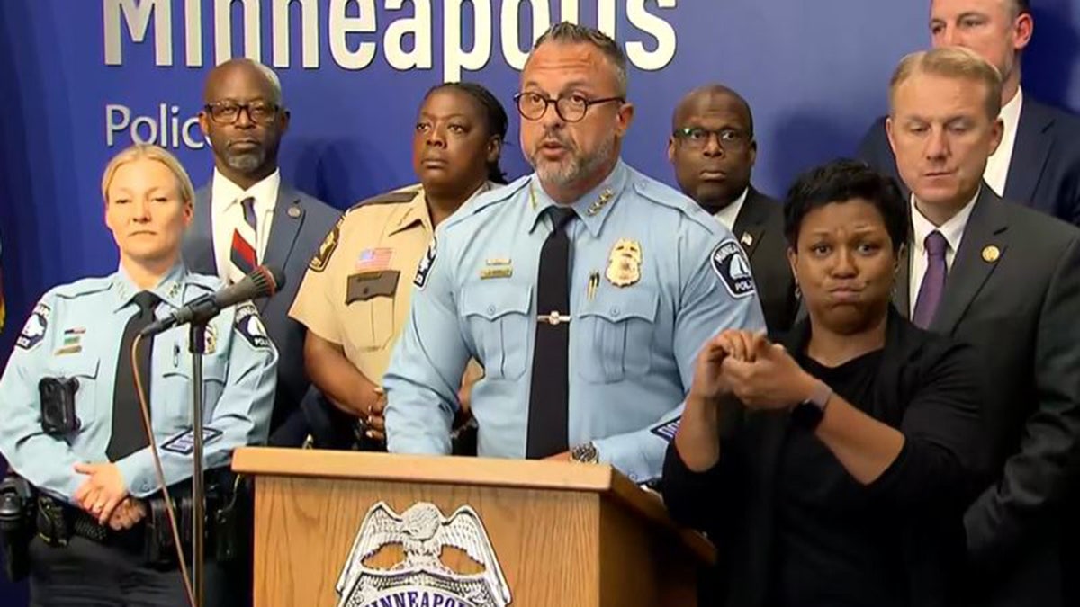 Minneapolis Police Chief addresses the media during a news conference on Wednesday, Aug. 28, 2025.