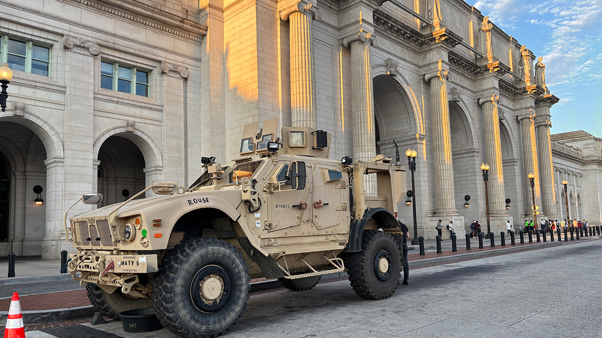 A military vehicle parked outside Union Station