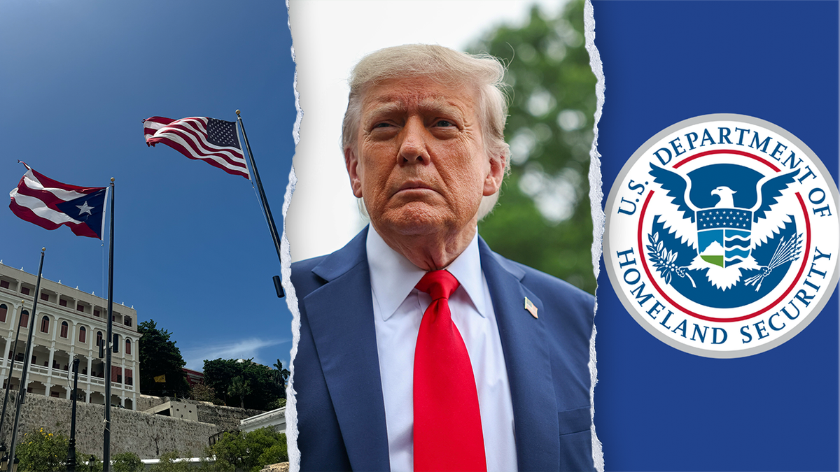 three split collage of a photos of puerto rico and united states flags on the left, president trump in the center and the homeland security logo on the right