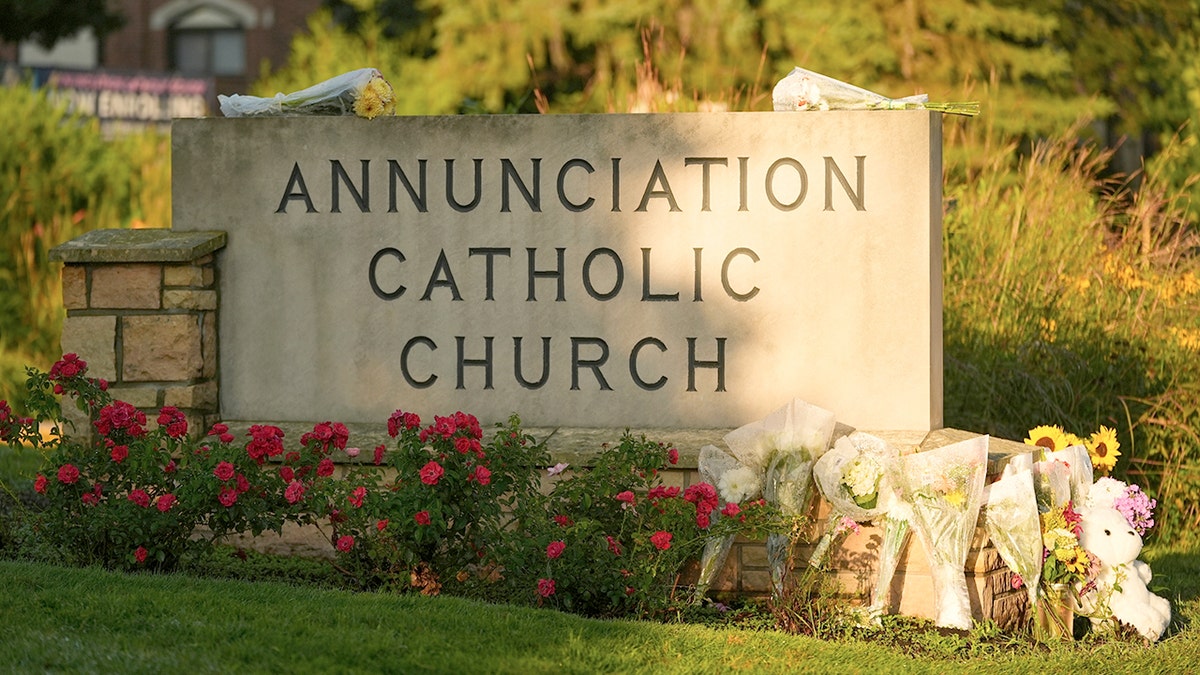 A memorial set up for victims of the mass school shooting at a Catholic school church.
