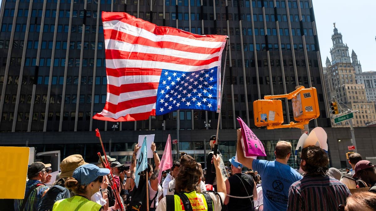 Upside down American flag being held by protesters