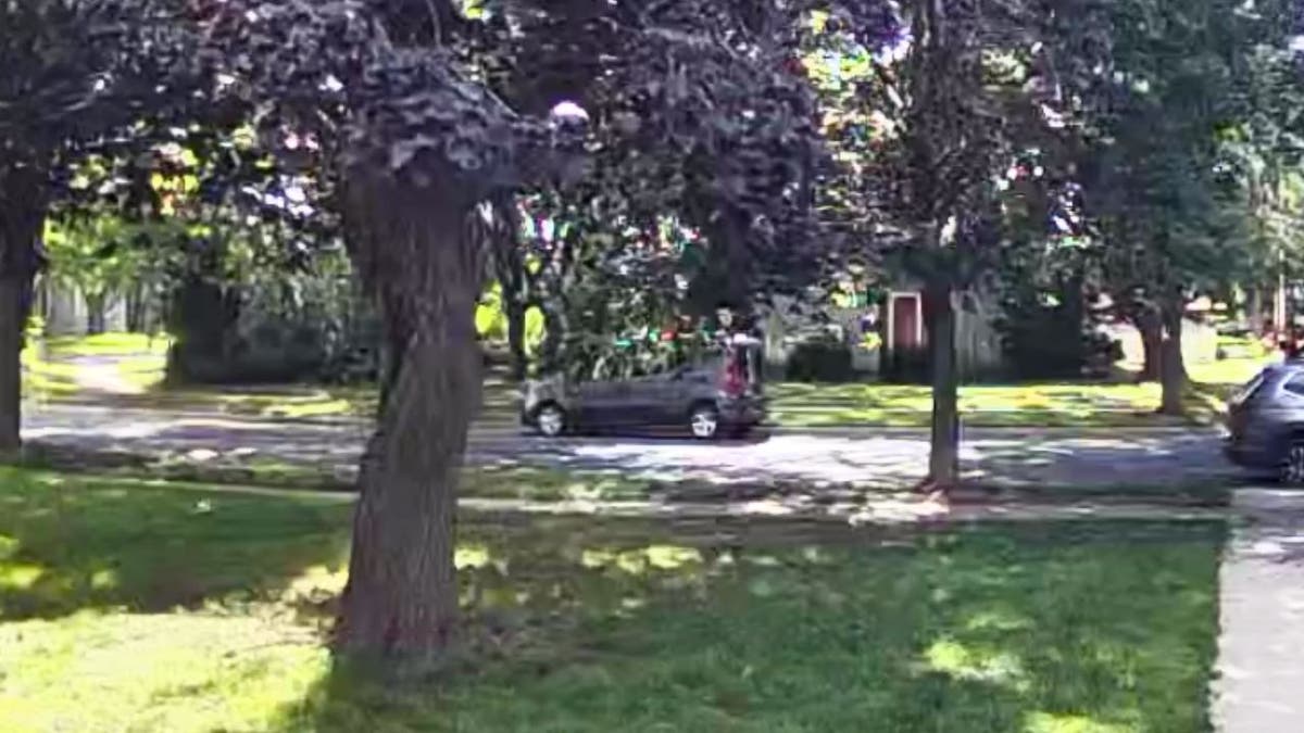 Ring camera still showing a dark van parked under trees on a residential street in St. Louis Park.