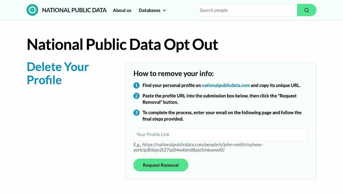 The opt-out page of the National Public Data site