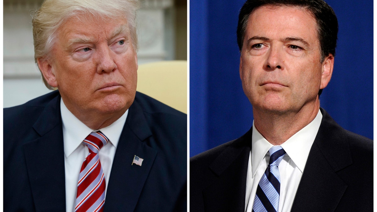 In this combination photo, President Donald Trump, left, appears in the Oval Office of the White House in Washington on May 10, 2017, and FBI Director James Comey appears at a news conference in Washington on June 30, 2014. Comey is making his first public comments since being fired by President Donald Trump and, according to his prepared remarks, will talk about the president's efforts put the investigation behind him. (AP Photo/Evan Vucci, left, and Susan Walsh, File)