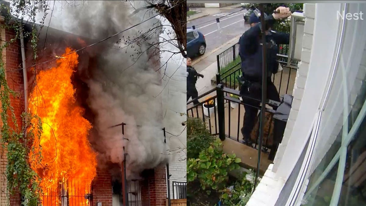 Security footage shows fire engulfing the back of rowhouses where Benny Johnson lived with his family while police officers attempt to enter the front door.