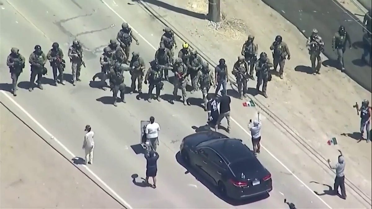 Aerial view of protesters and law enforcement.
