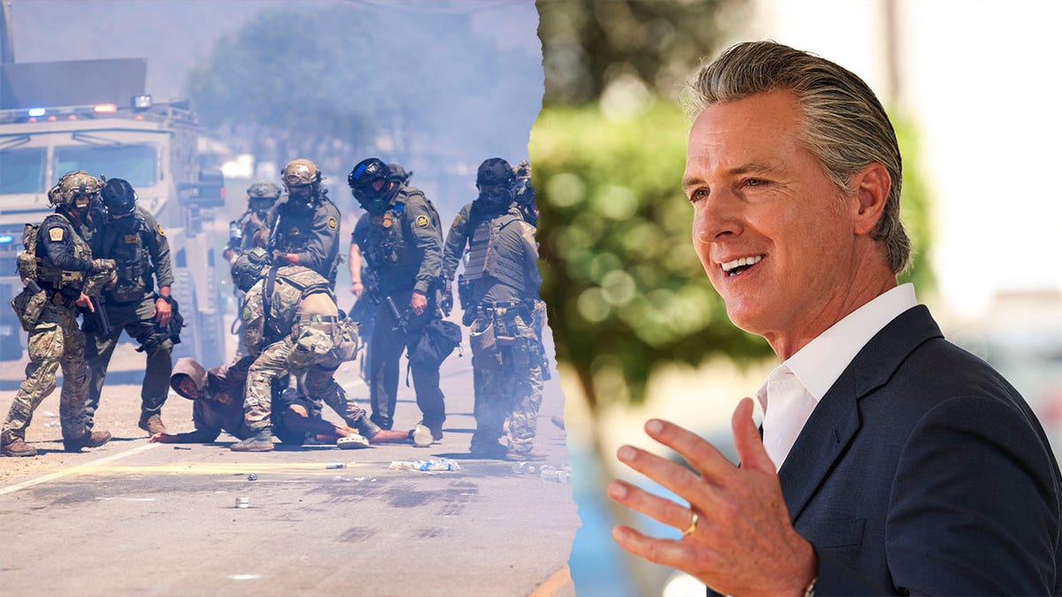 California Gov. Gavin Newsom in a split image with an immigration raid.