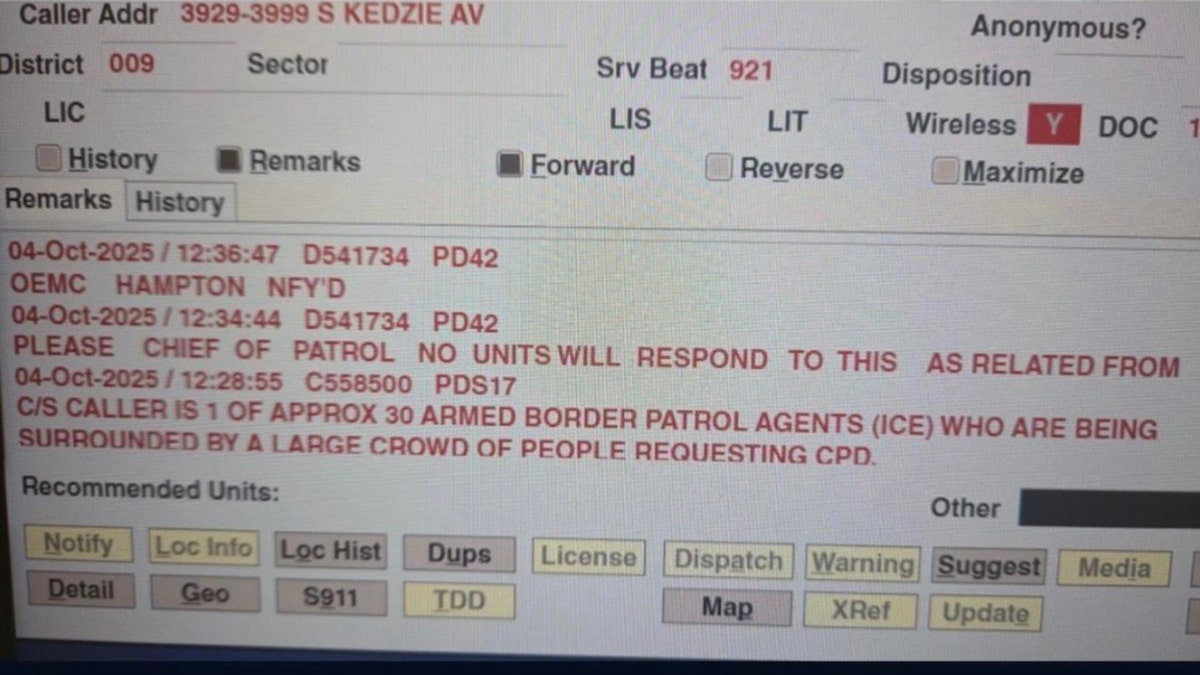Screen shot of dispatch sent to police officers regarding ICE officers