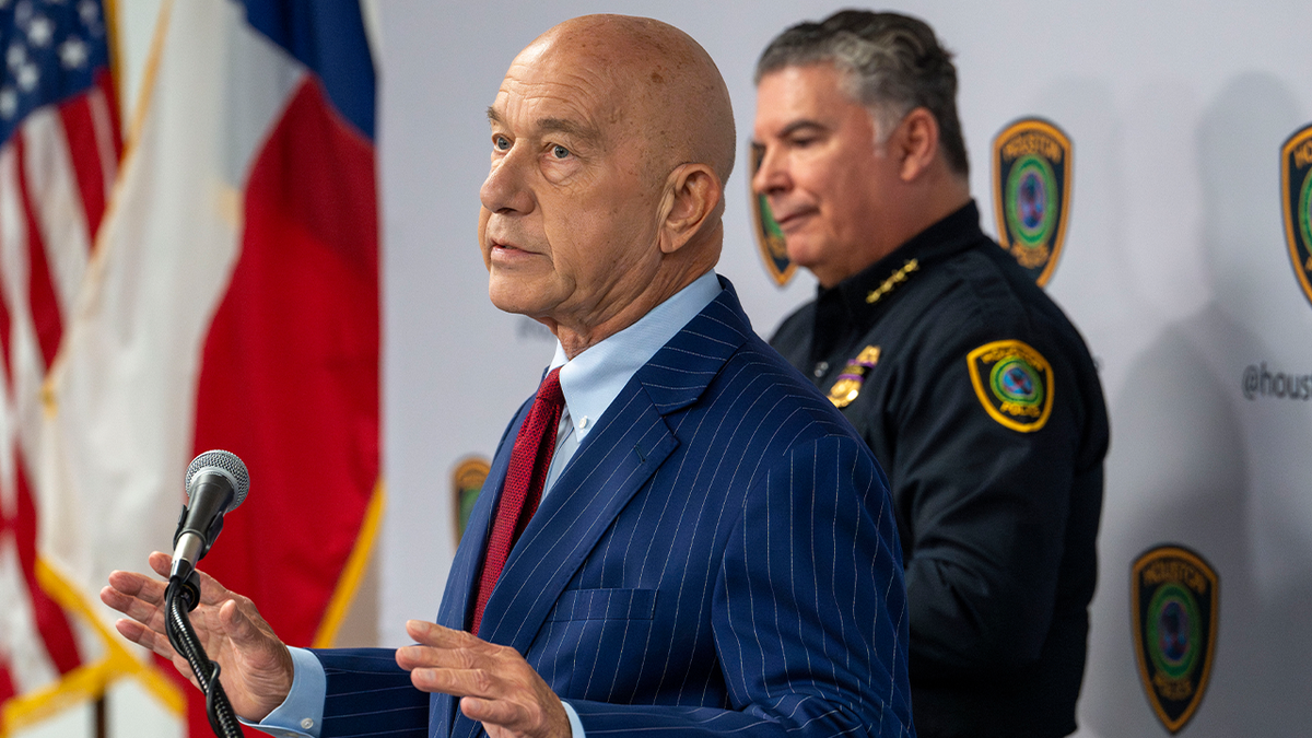 Mayor John Whitmire gives comments at a press conference