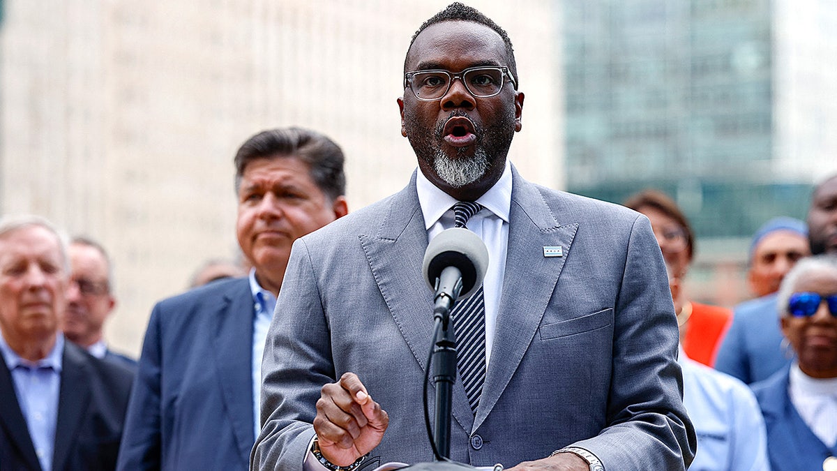 Chicago Mayor Brandon Johnson speaks at a press conference following President Donald Trump’s comments about possibly sending U.S. troops to Chicago and Baltimore.