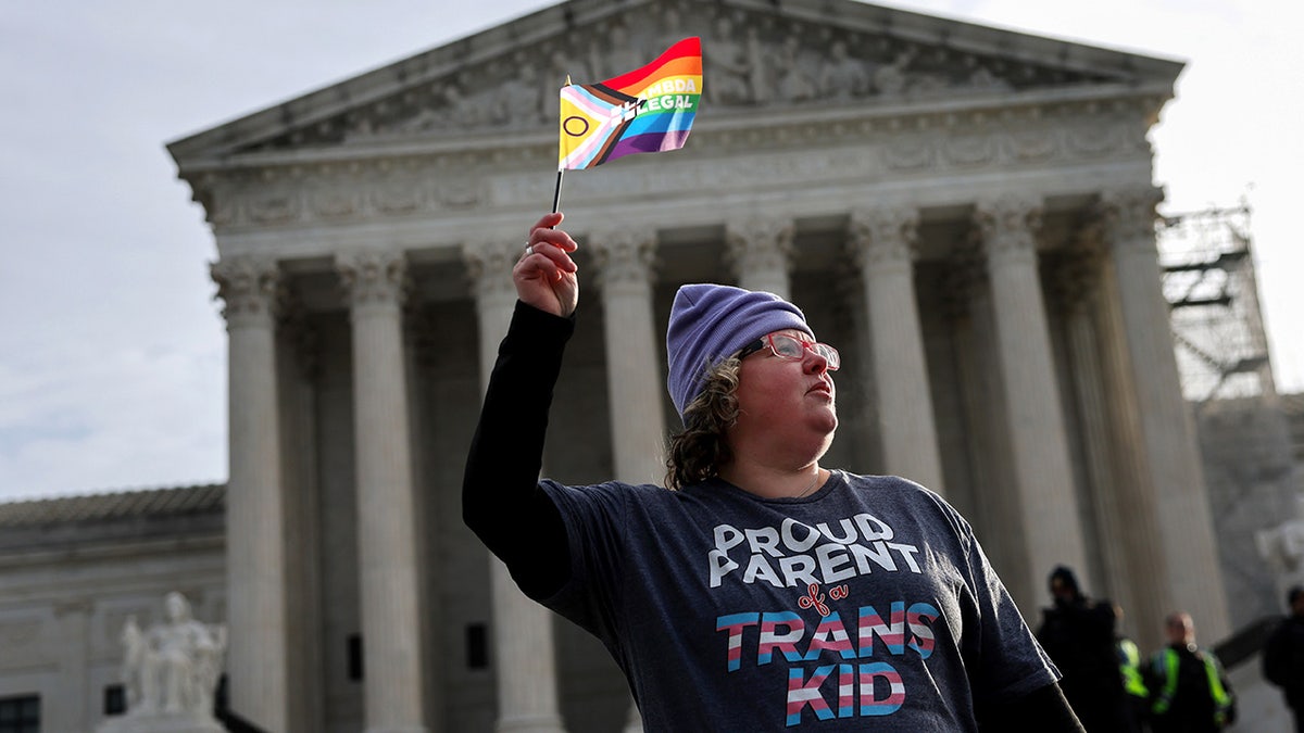 A transgender rights supporter takes part in a rally outside of the U.S. Supreme Court as the justices hear arguments in a case on transgender health rights on Dec. 4, 2024, in Washington, DC.